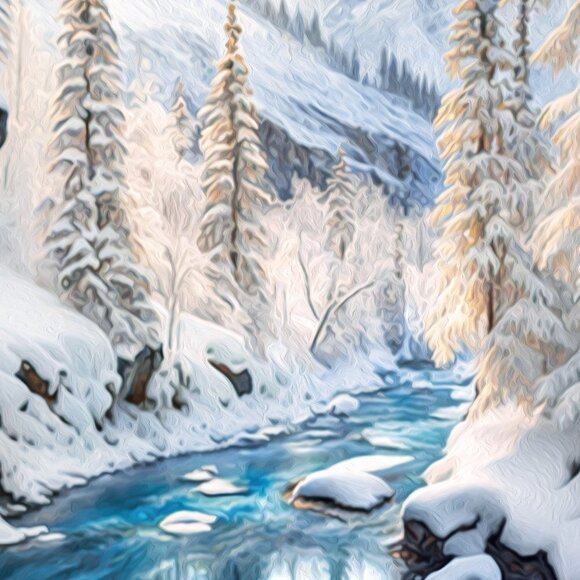 Winter Snowy‎ Stream Majestic Landscape Art Watercolor Oil Painting Print - Picture 6 of 8